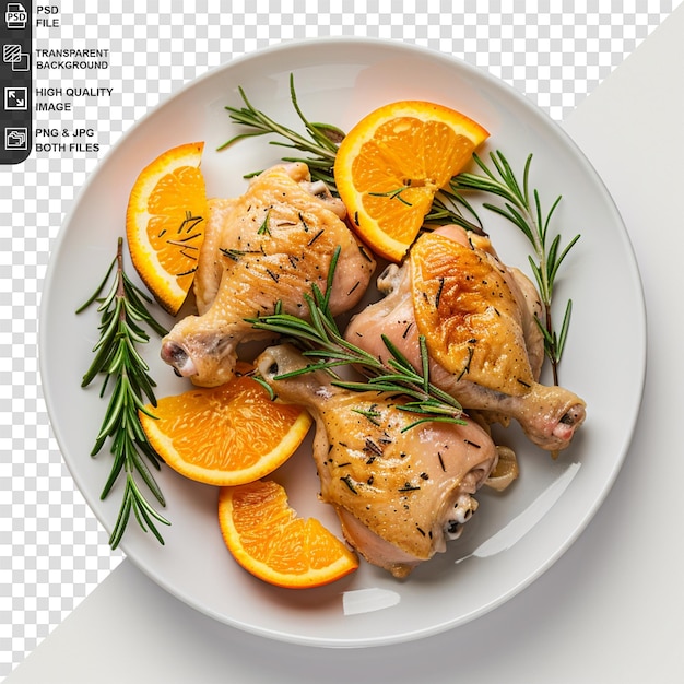 a plate of chicken with a lemon and herbs on it