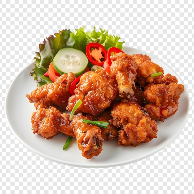 PSD a plate of chicken with vegetables and a salad with a green onion