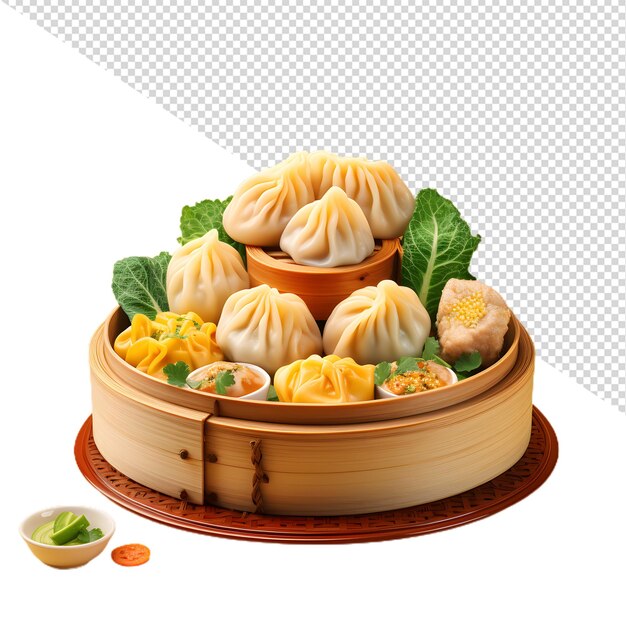 a plate of chinese dumplings with a green leaf on the top