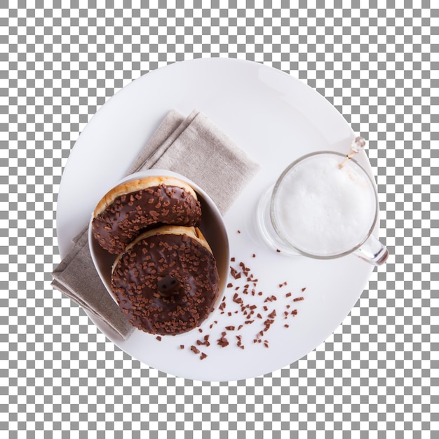 Plate of chocolate donuts with a glass of milk on transparent background