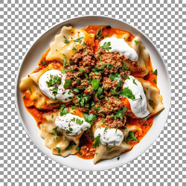 Plate of dumplings or momos with meat sauce and sour cream on transparent background