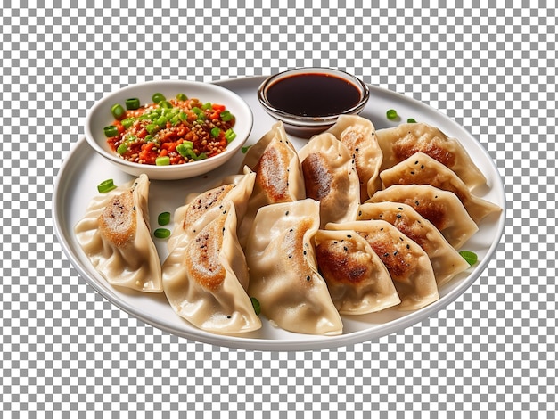 Plate of dumplings with a bowl of sauce on transparent background