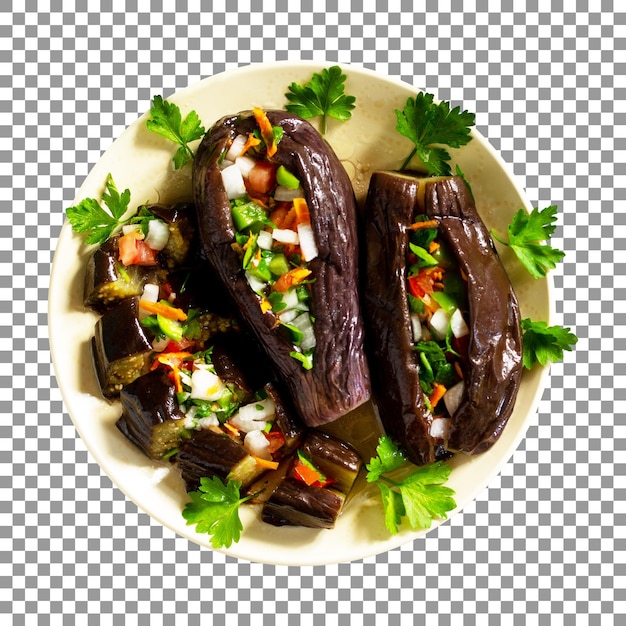 Plate of eggplant with vegetables and a green leaf on transparent background