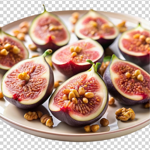 A plate of figs with nuts on transparent background