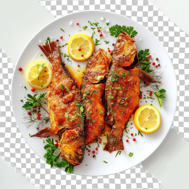 a plate of fish with lemon and parsley on it