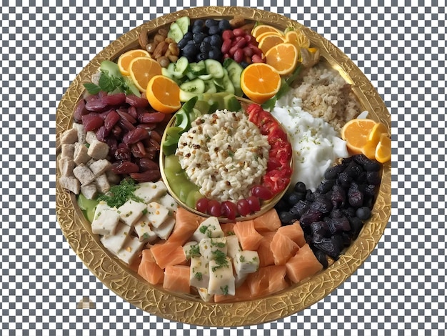 PSD plate of food with a bowl of fruit and cheese isolated on transparent background