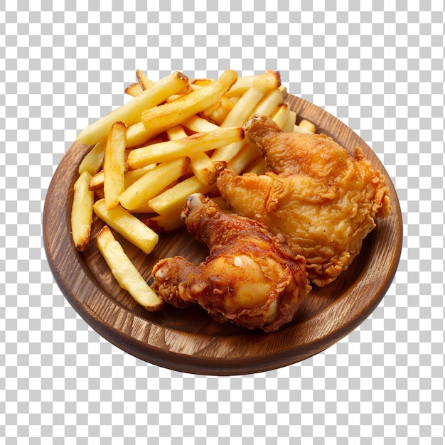 a plate of food with chicken and french fries on it