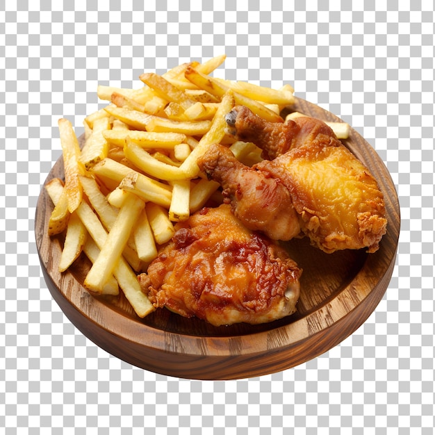 a plate of food with chicken and french fries on it