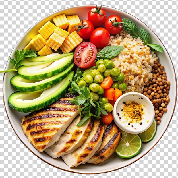 PSD a plate of food with chicken tomatoes avocado rice and beans on transparent background