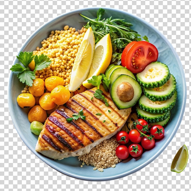 PSD a plate of food with chicken tomatoes avocado rice and beans on transparent background