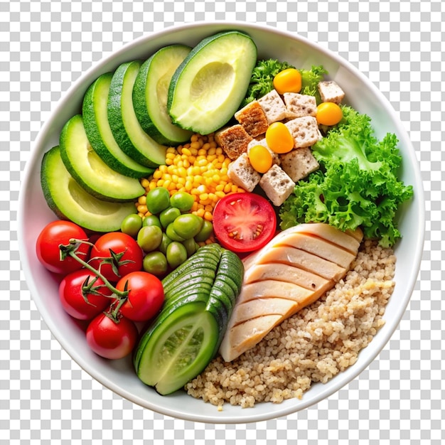 PSD a plate of food with chicken tomatoes avocado rice and beans on transparent background