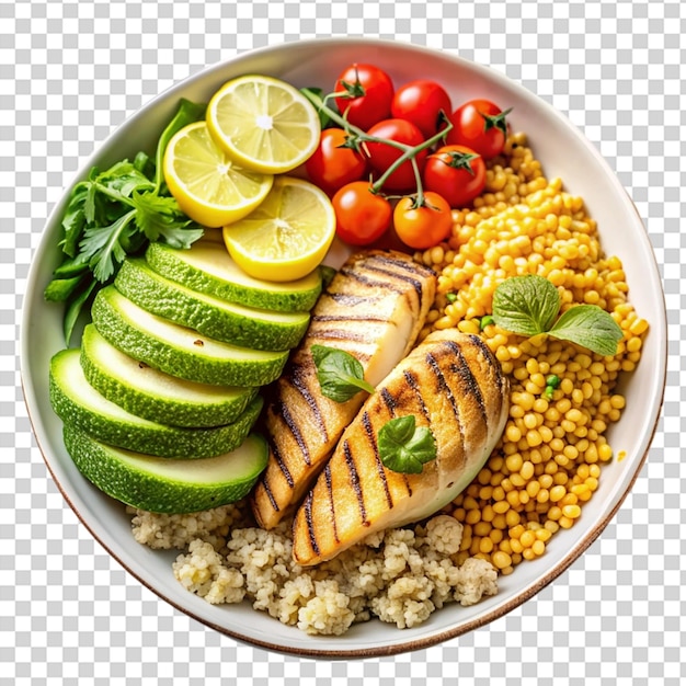 PSD a plate of food with chicken tomatoes avocado rice and beans on transparent background