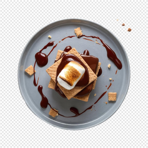 PSD a plate of food with chocolate sauce and a piece of cake on it