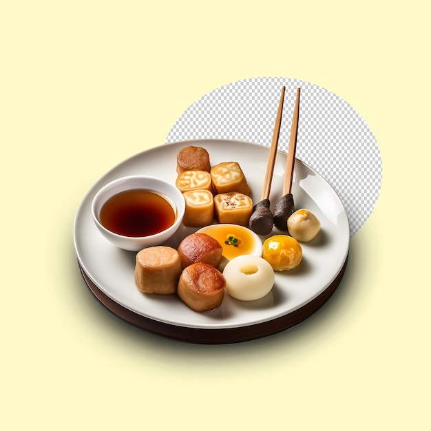 PSD a plate of food with a cup of sauce and a stick of egg on it