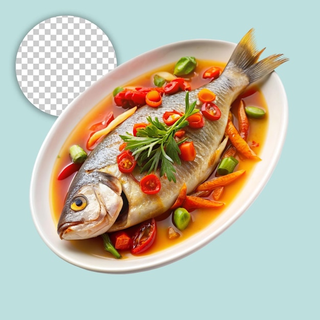 PSD a plate of food with a fish on it and a plate with a lemon and vegetables on it on transparent background