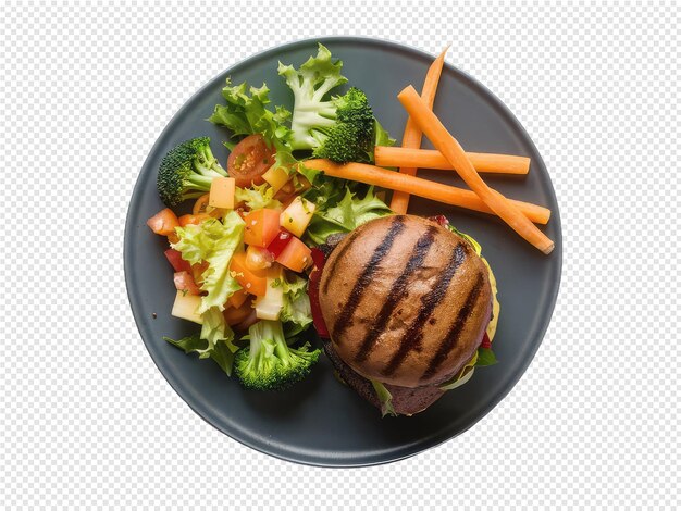 PSD a plate of food with a hamburger and broccoli on it