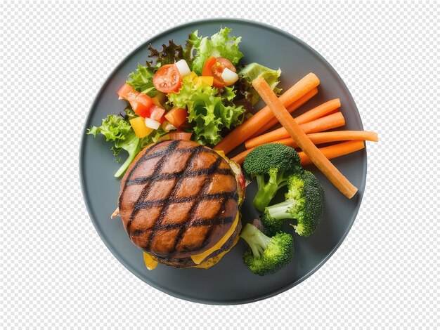 PSD a plate of food with a hamburger and vegetables on it