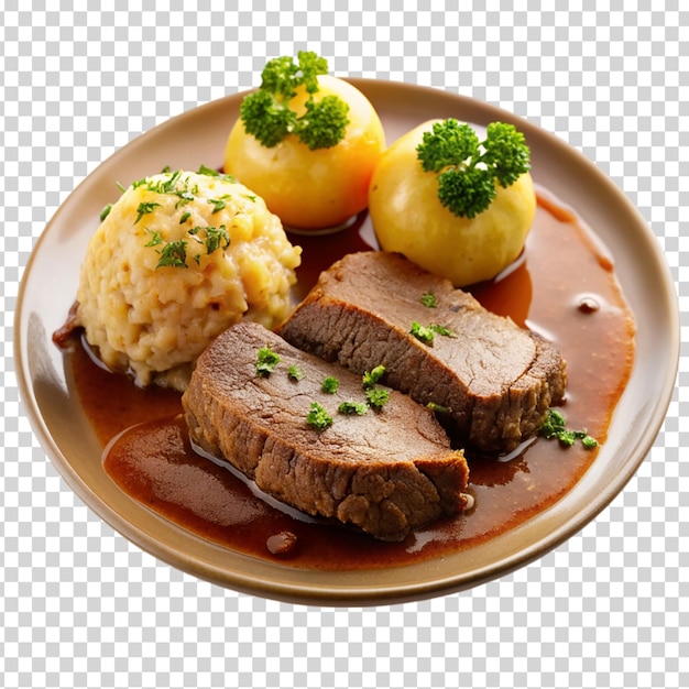 PSD a plate of food with meat potatoes and gravy on transparent background