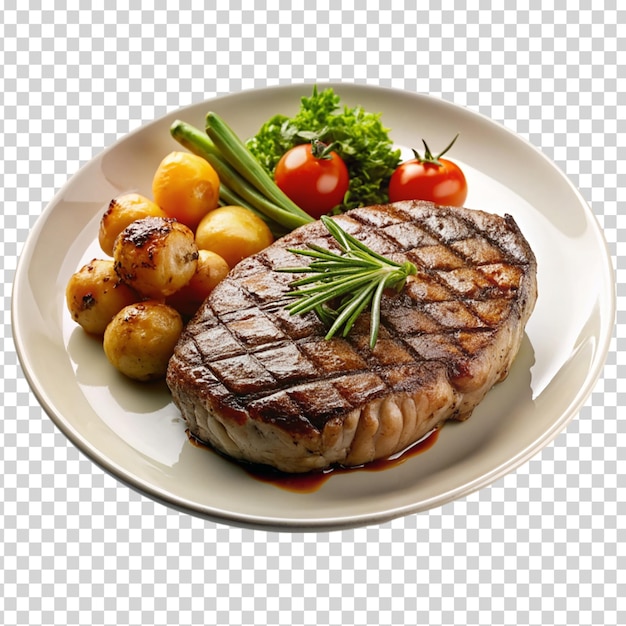 A plate of food with meat tomatoes potatoes and corn on transparent background