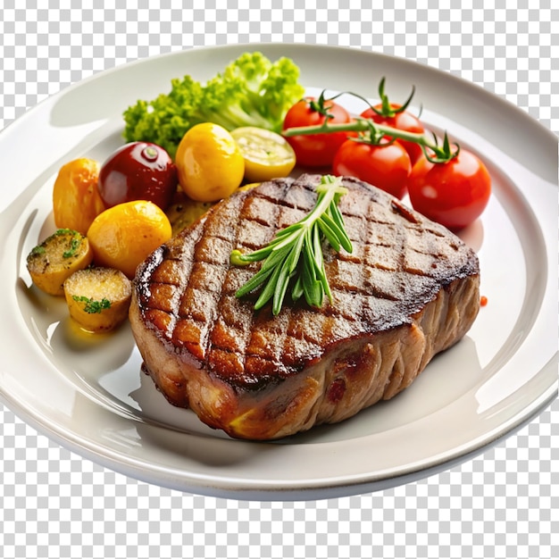 A plate of food with meat tomatoes potatoes and corn on transparent background