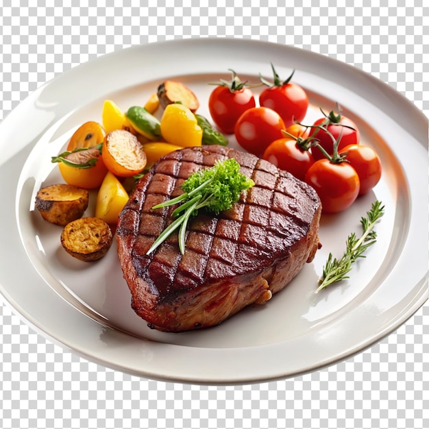 A plate of food with meat tomatoes potatoes and corn on transparent background