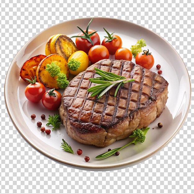 A plate of food with meat tomatoes potatoes and corn on transparent background