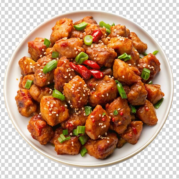 A plate of food with meat and vegetables on transparent background