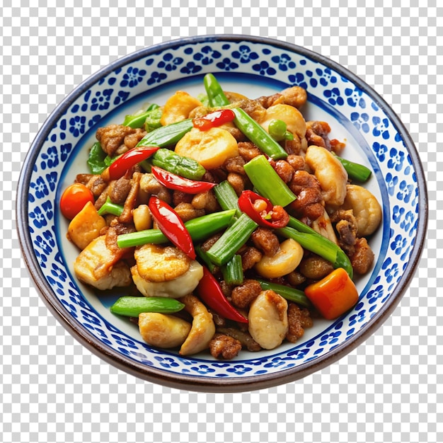 A plate of food with a mix of vegetables and meat on transparent background