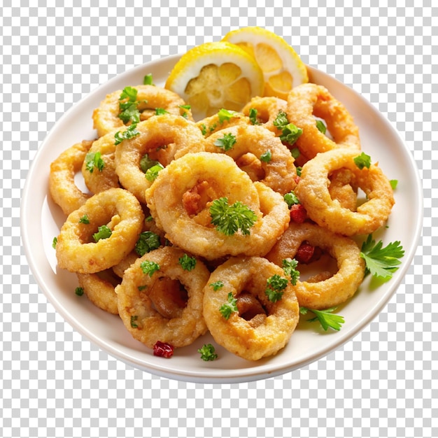 A plate of food with onion rings and a lemon on transparent background