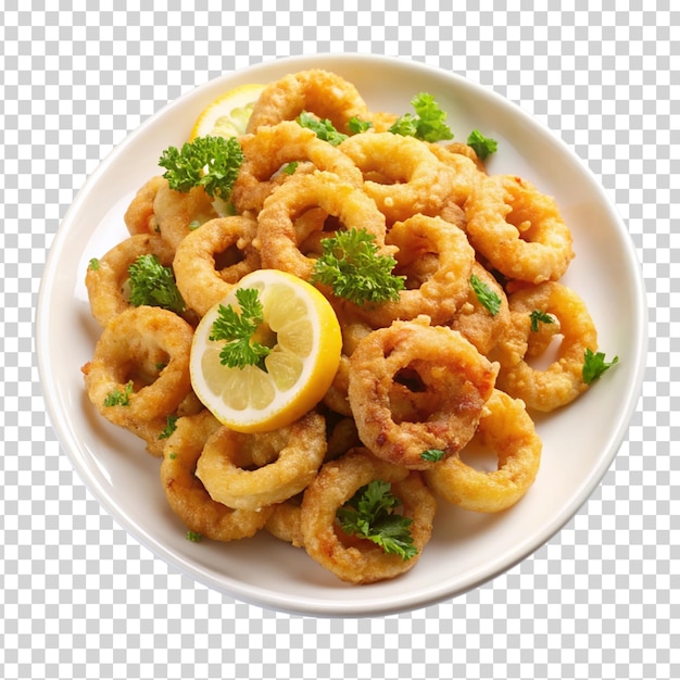 A plate of food with onion rings and a lemon on transparent background