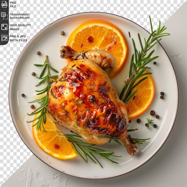 a plate of food with a picture of a chicken and orange slices