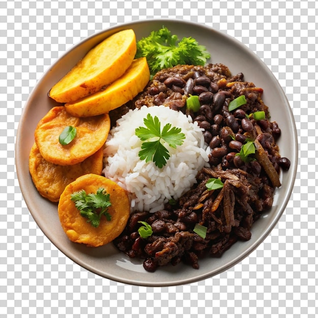 A plate of food with rice beans meat and fruit on it on transparent background