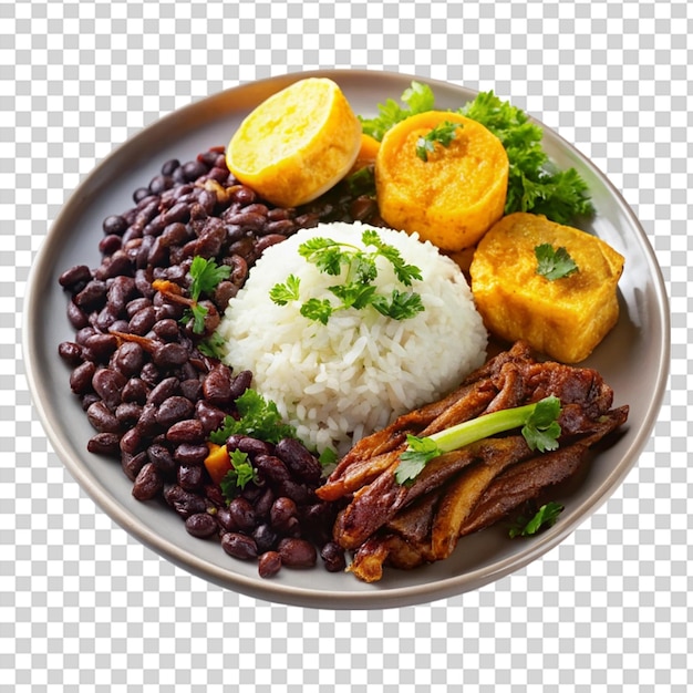 A plate of food with rice beans meat and fruit on it on transparent background