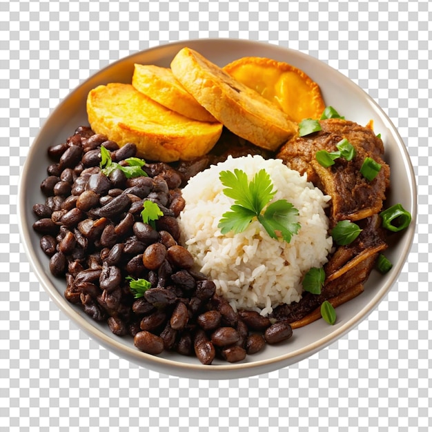 A plate of food with rice beans meat and fruit on it on transparent background