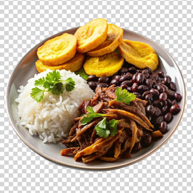 PSD a plate of food with rice beans meat and fruit on it on transparent background