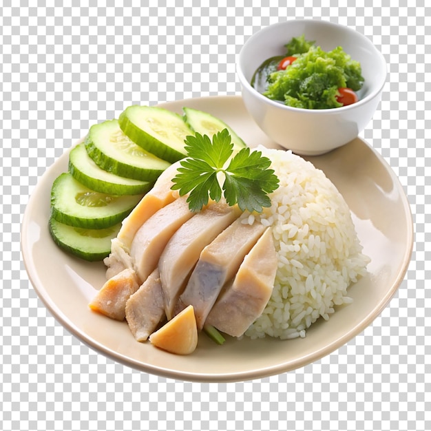 A plate of food with rice chicken and vegetables on transparent background