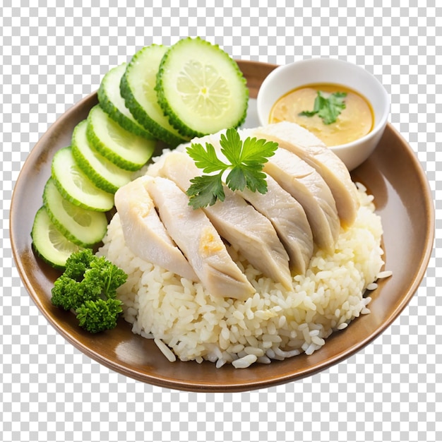 A plate of food with rice chicken and vegetables on transparent background