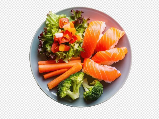 PSD a plate of food with salmon and broccoli on it