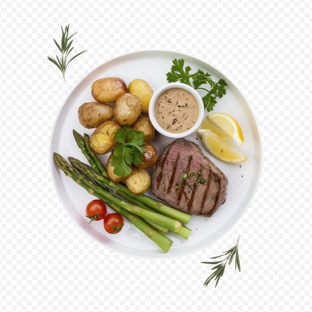 PSD a plate of food with a steak potatoes and vegetables