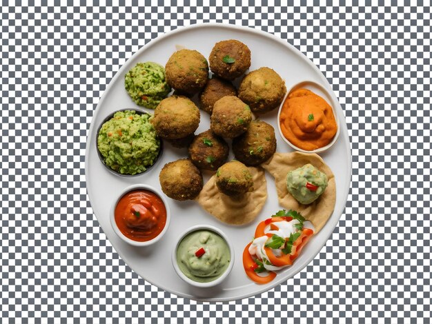 PSD plate of food with a variety of food on it isolated on transparent background