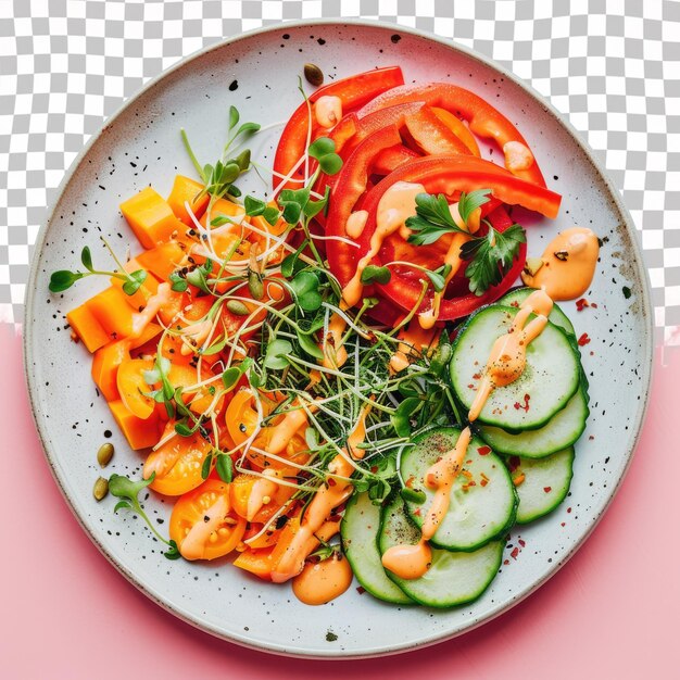 PSD a plate of food with vegetables and cucumber on it