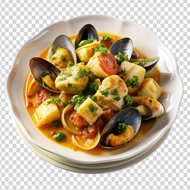 A plate of food with vegetables and meat on transparent background