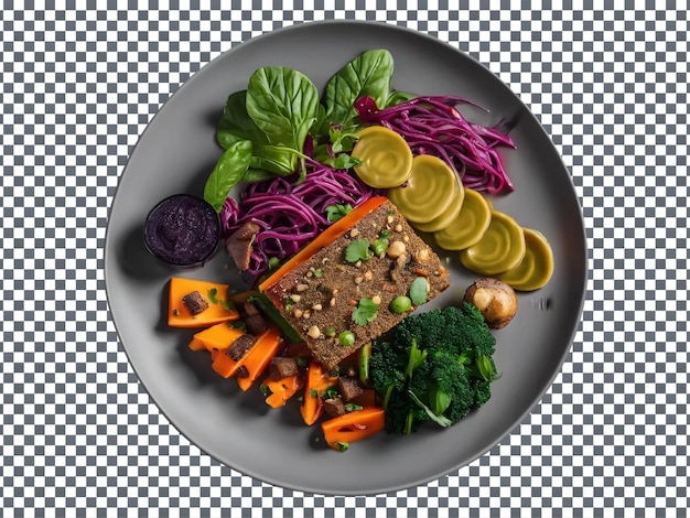 Plate of food with vegetables and a sandwich on it isolated on transparent background