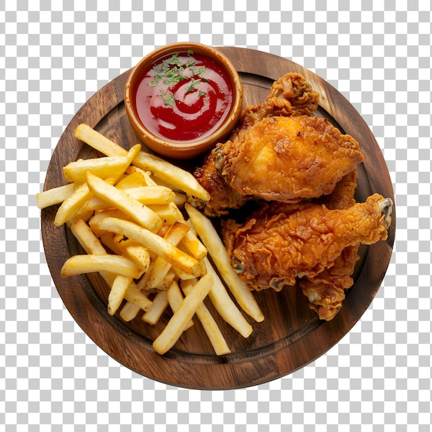 a plate of fried chicken french fries and ketchup