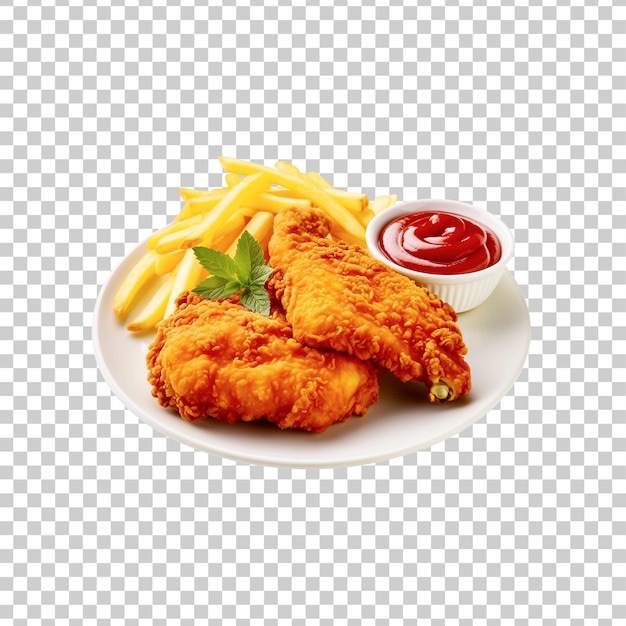 A plate of fried chicken with french fries isolated on transparent background