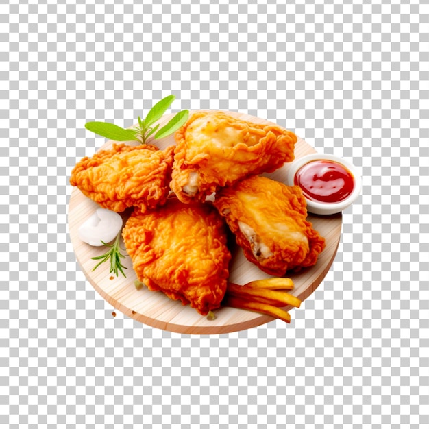 A plate of fried chicken with french fries isolated on transparent background