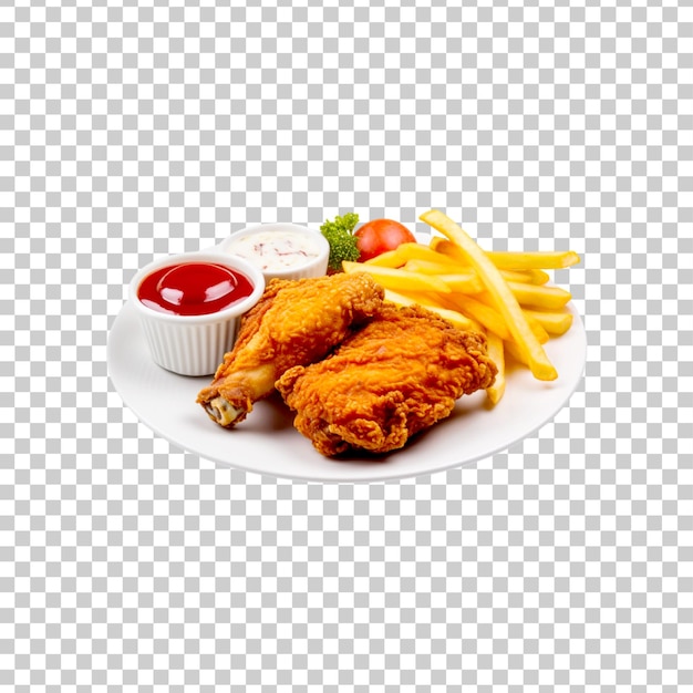 A plate of fried chicken with french fries isolated on transparent background