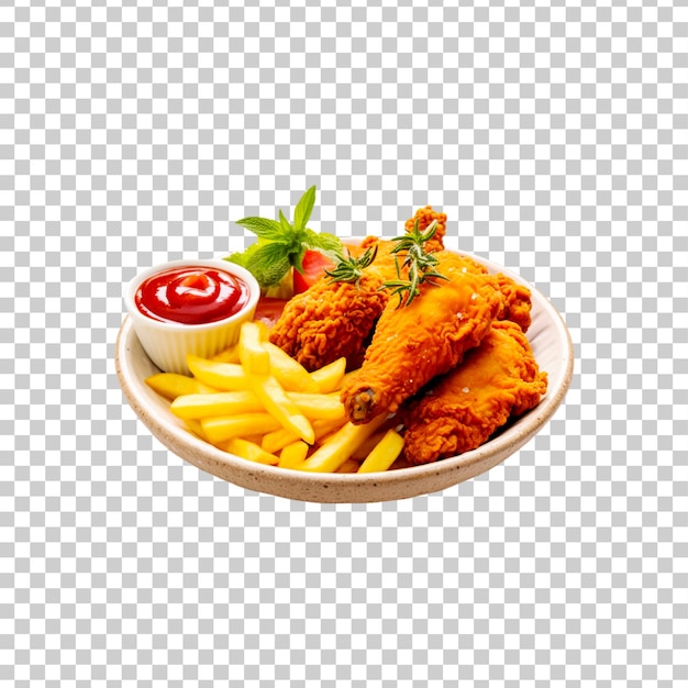 A plate of fried chicken with french fries isolated on transparent background