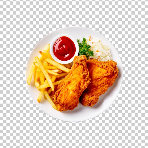 A plate of fried chicken with french fries isolated on transparent background