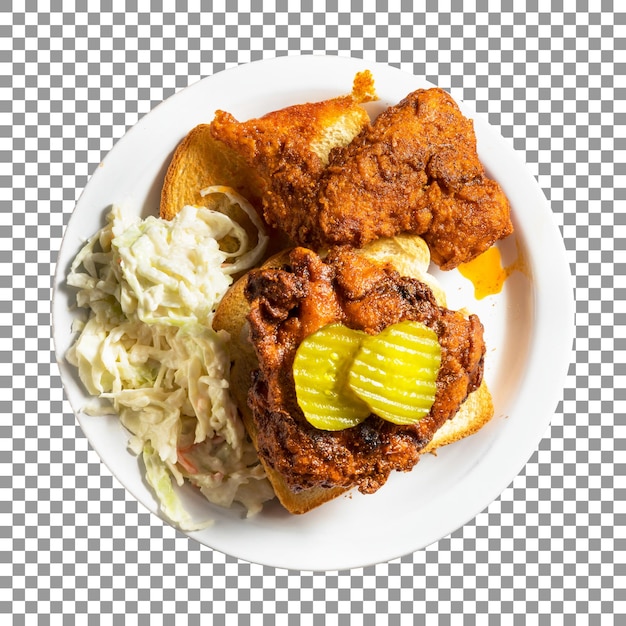 Plate of fried chicken with a pickle on transparent background